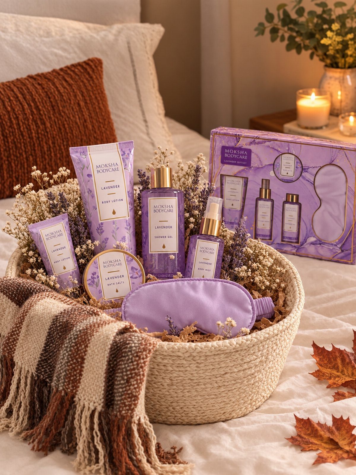 Purple skincare gift set in a woven basket with dried lavender and autumn leaves.