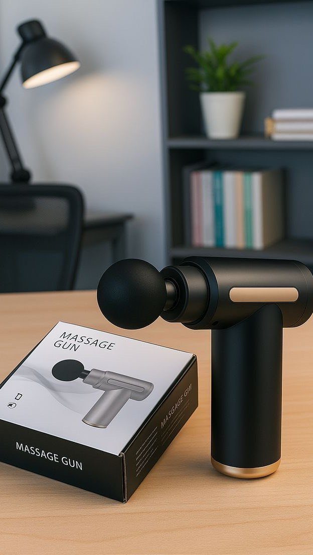 Black handheld massage gun and its packaging box on a wooden table
