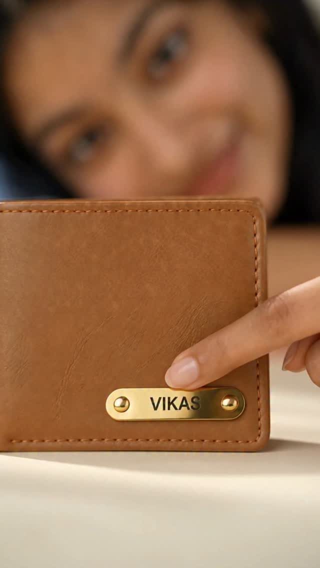 Brown leather wallet with a gold nameplate engraved with the name Vikas.