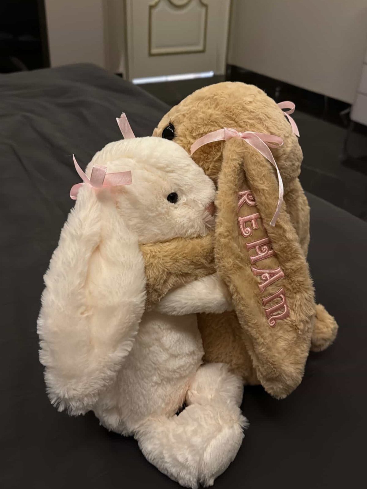 Two hugging plush bunnies, one white and one tan with personalized pink embroidery.