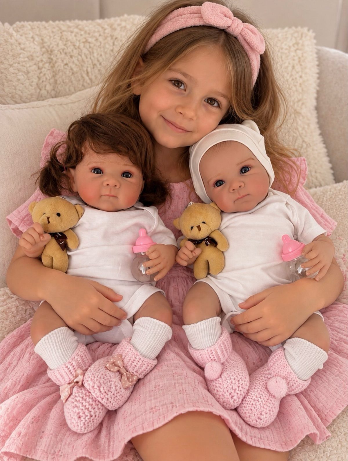 Young girl holding two realistic baby dolls with teddy bears and bottles
