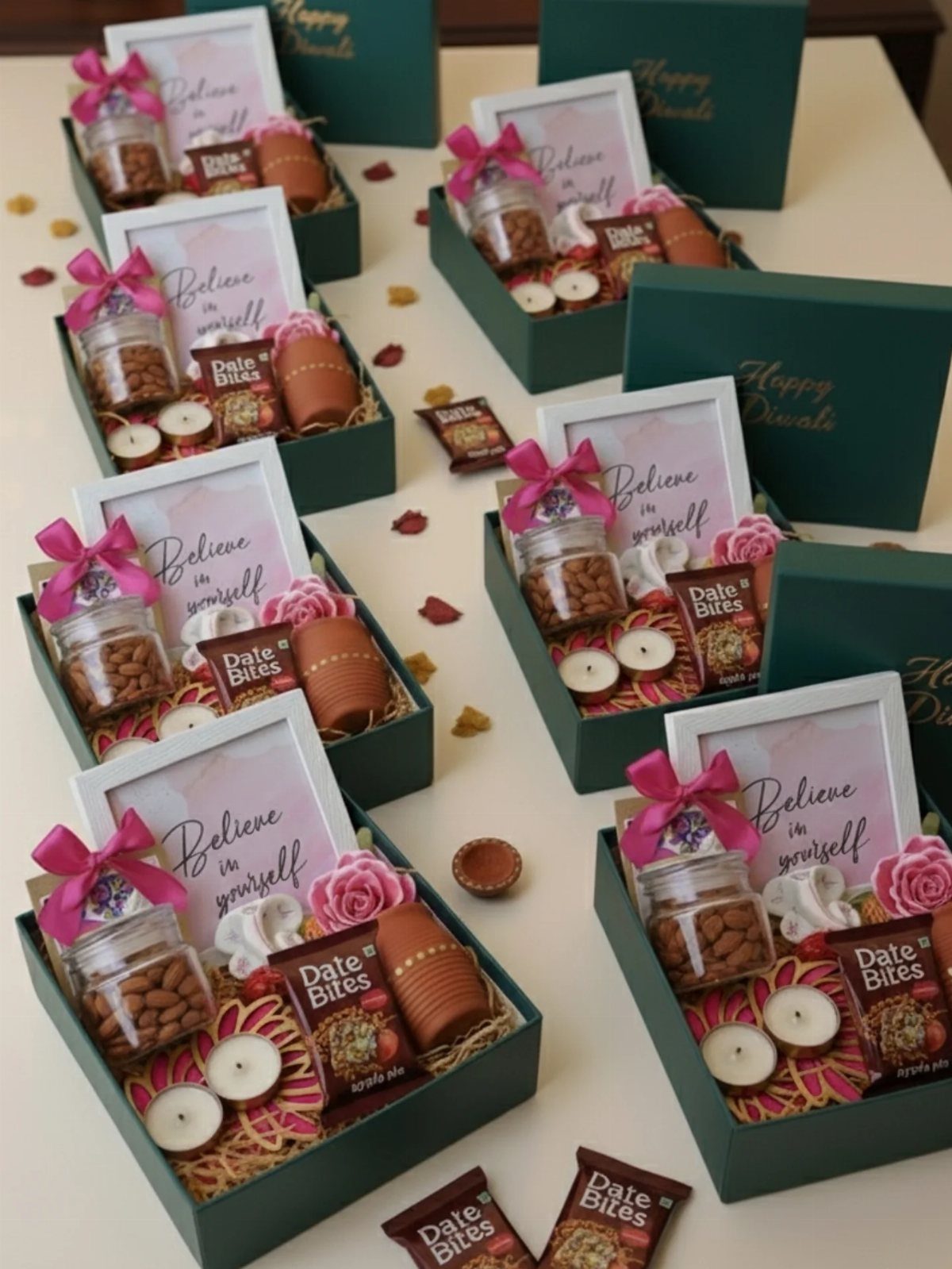Multiple identical green gift boxes filled with snacks, candles, and inspirational cards.