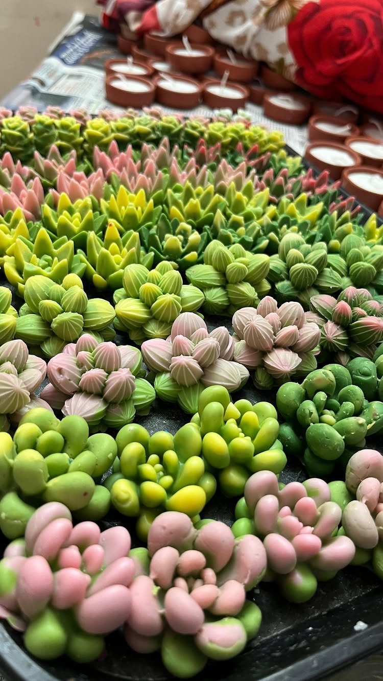 Succulent shaped wax candles in green, pink, and yellow on a dark tray