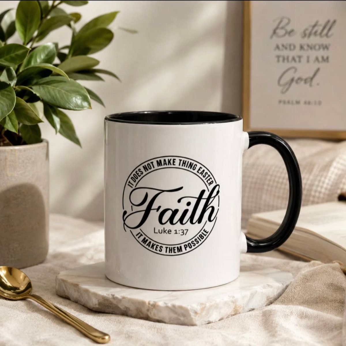 White ceramic mug with Faith and Luke 1:37 printed on a marble coaster