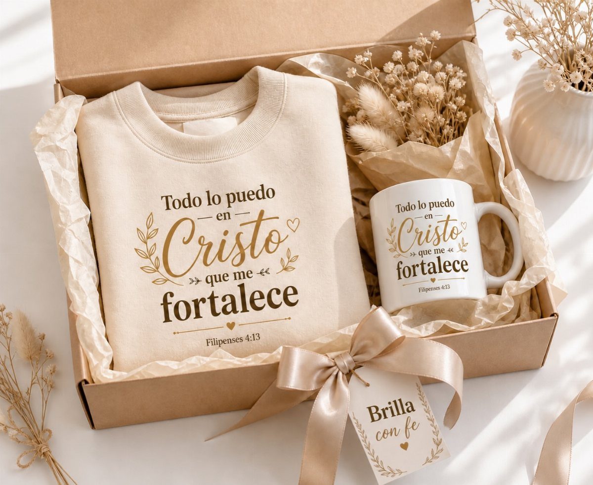 Cream sweatshirt and matching mug with Spanish scripture in a gift box.