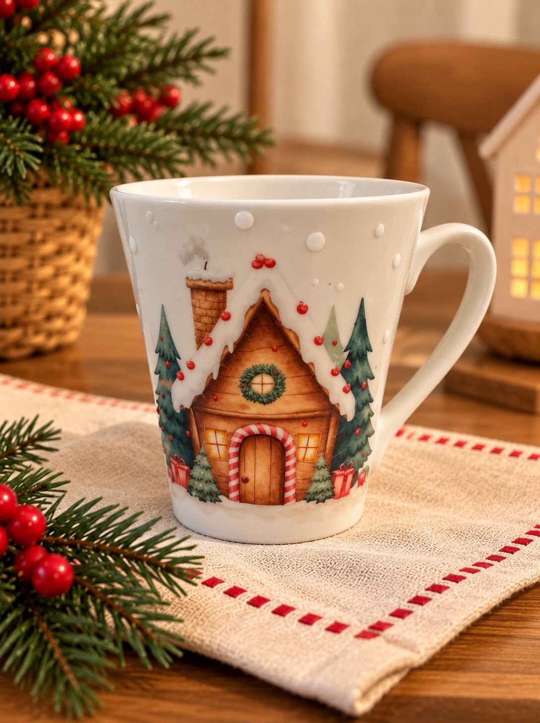 White ceramic mug with a cozy gingerbread house illustration on a festive table.