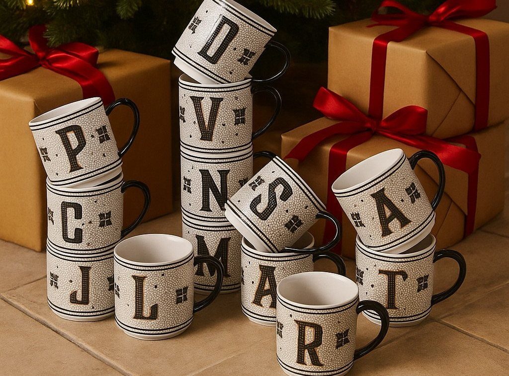 Monogrammed white ceramic mugs with black initials arranged near wrapped Christmas gifts.
