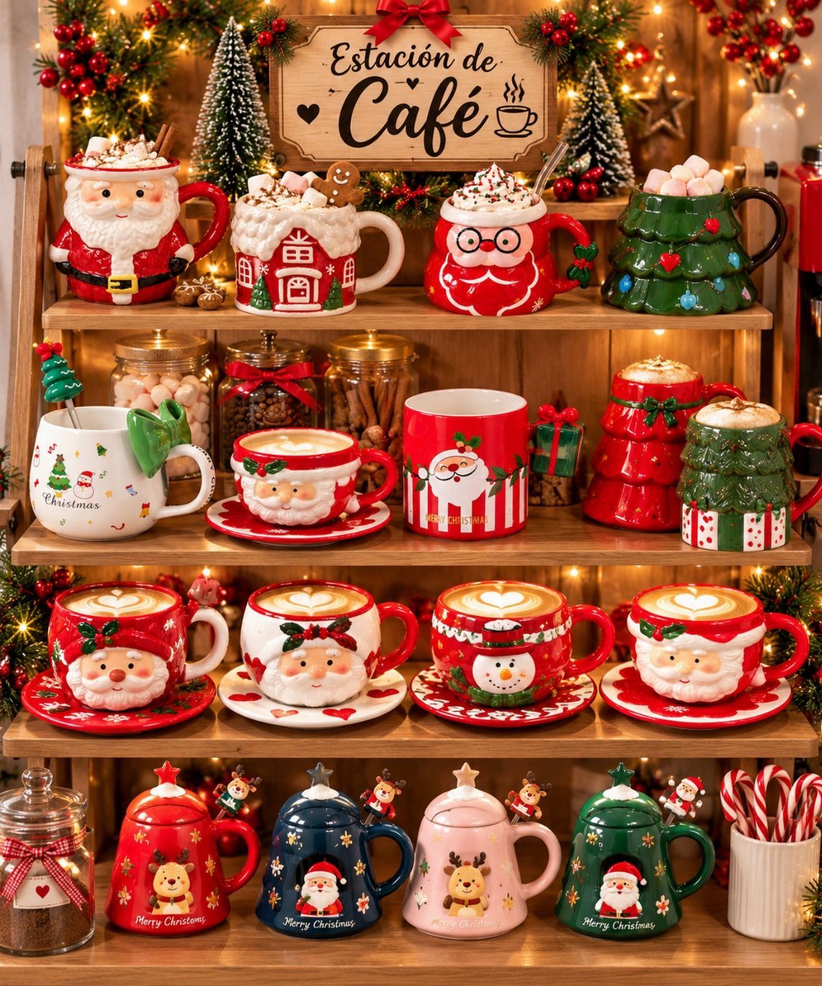 Assorted Christmas coffee mugs featuring Santa Claus and festive designs on a wooden shelf.
