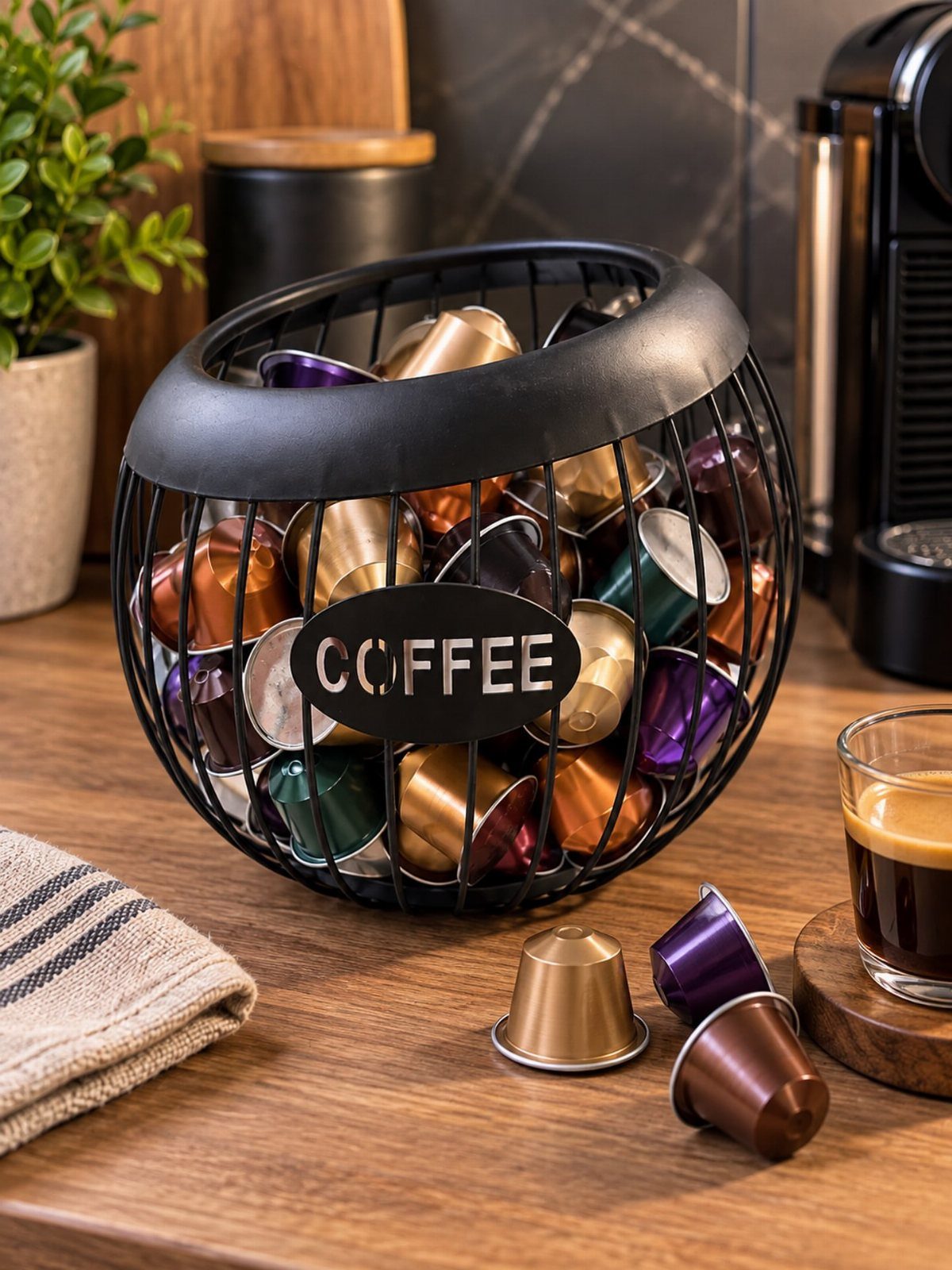 Black wire bowl filled with colorful coffee pods on a wooden kitchen counter.