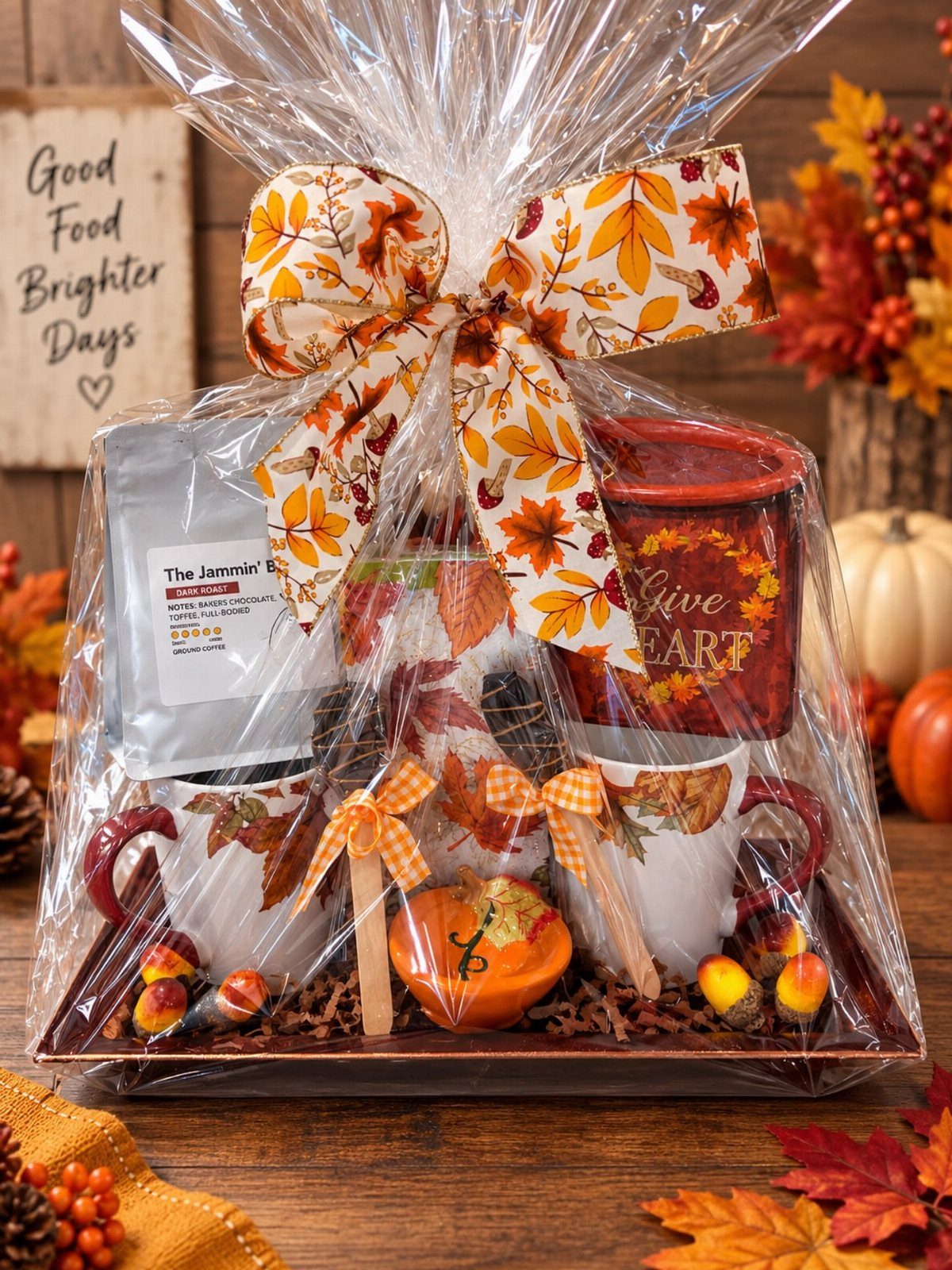 Autumn themed gift basket with fall leaf bow, mugs, and pumpkin treats.