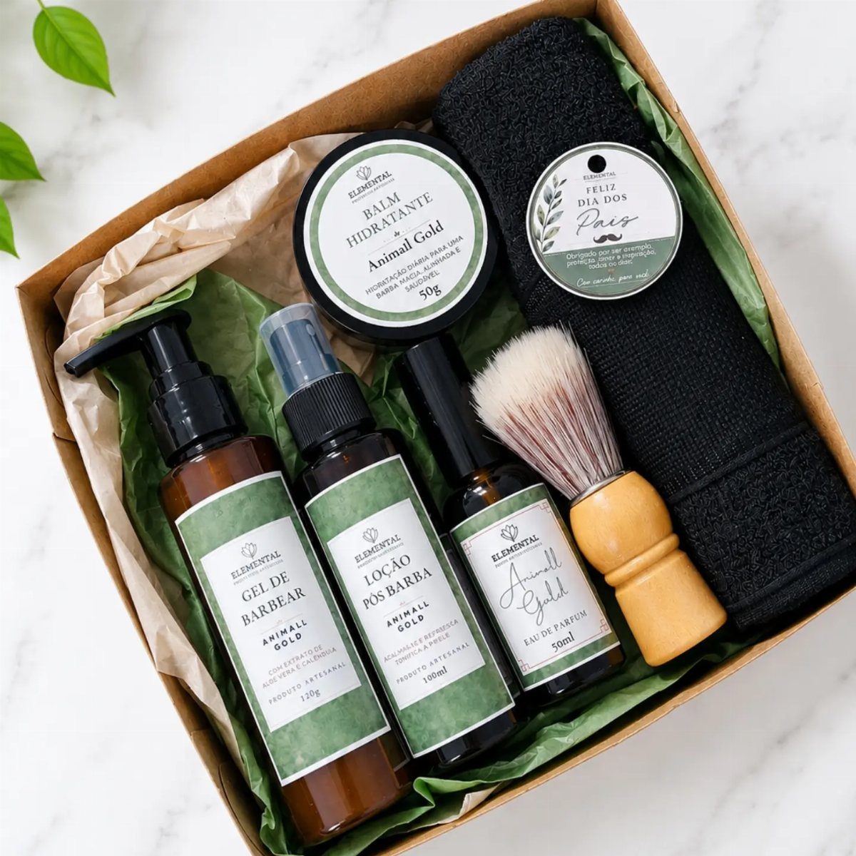 Beard grooming kit in a cardboard box with bottles, balm, brush, and towel.