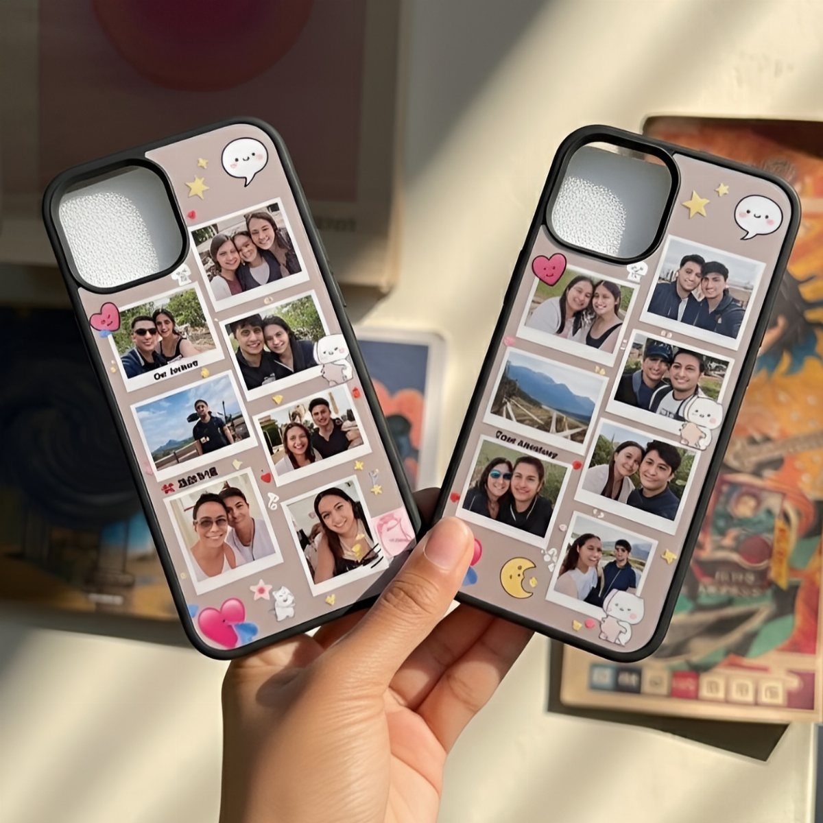 Two black phone cases featuring personalised photo collages and cute cartoon stickers.