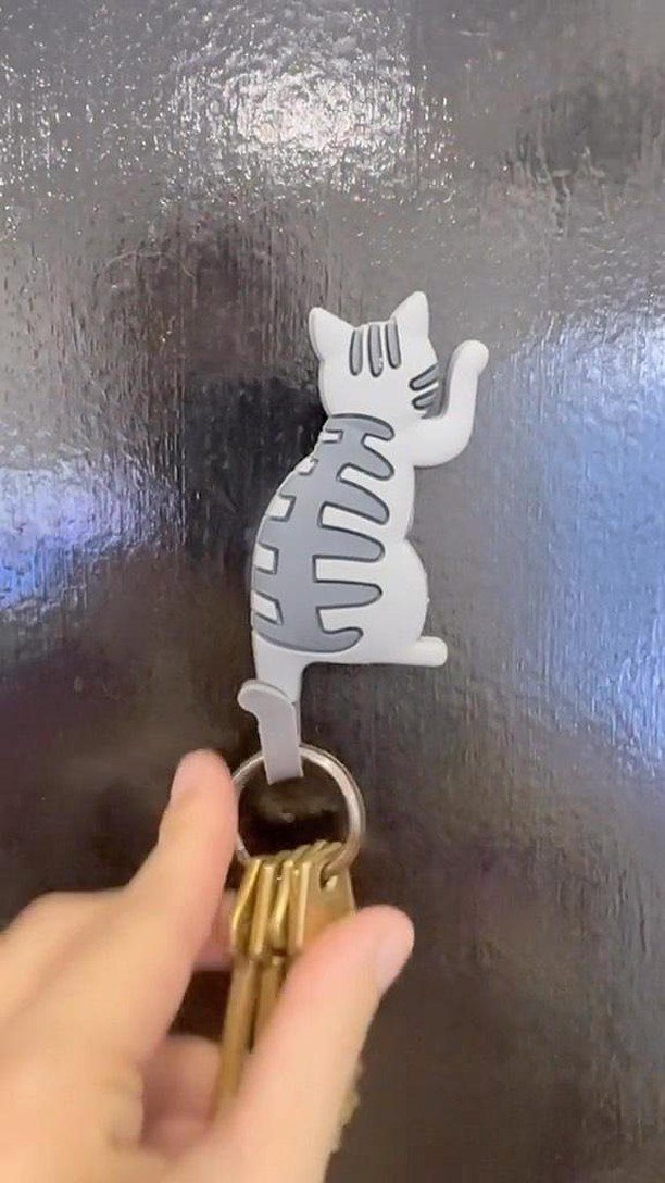Grey and white cat keychain attached to gold keys held by a hand.