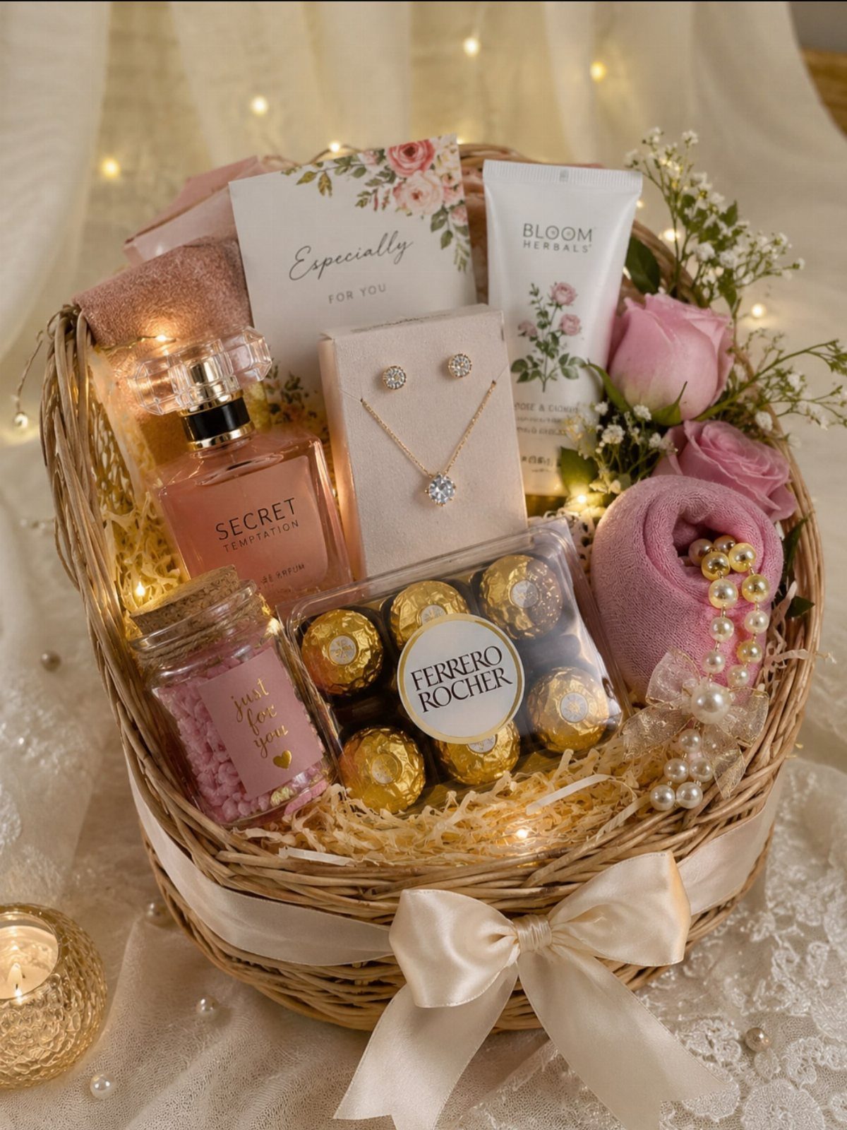 Wicker gift basket containing pink perfume, jewelry, skincare tube, chocolates, and pink roses.