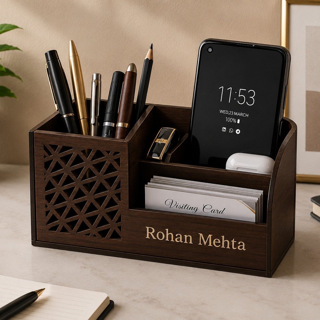 Wooden desk organizer holding pens, a smartphone, and business cards with engraved name.