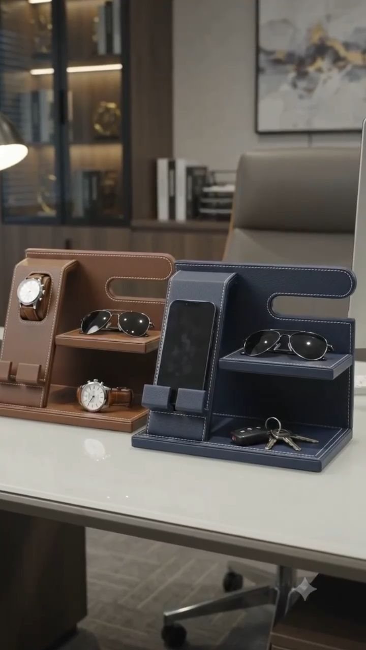 Leather valet trays on a desk holding a watch, phone, sunglasses, and keys.