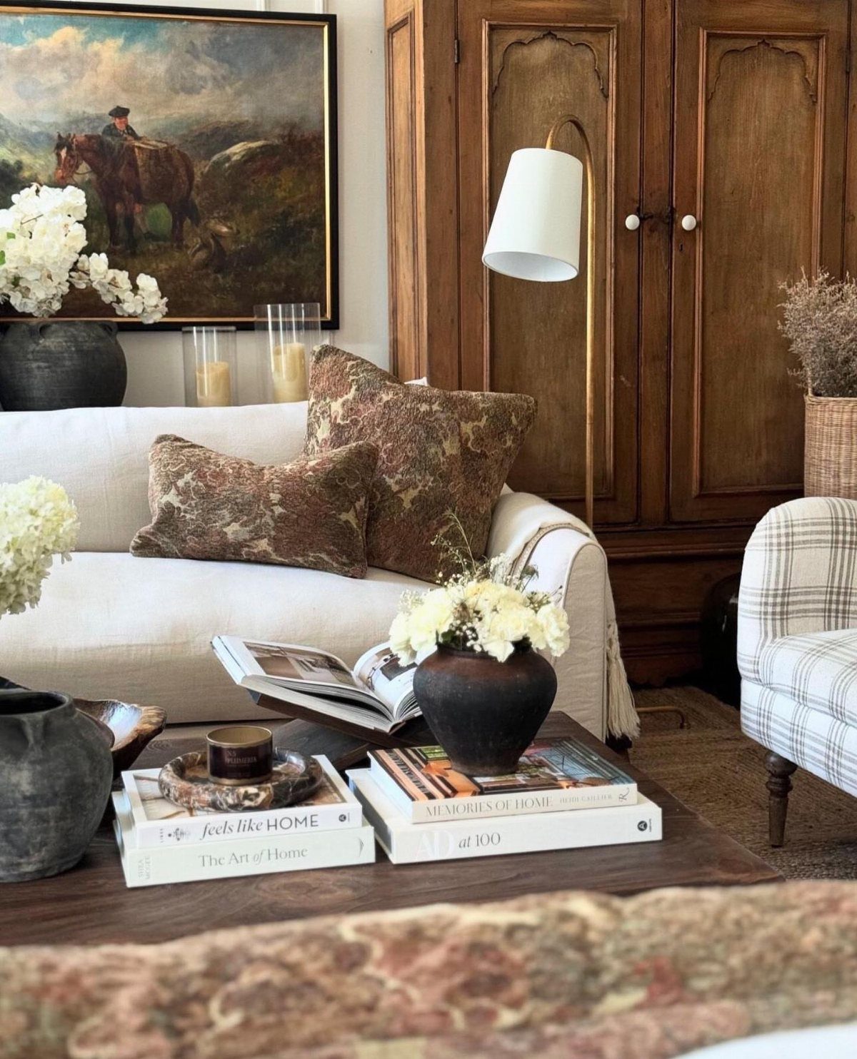 Brown patterned throw pillows on a white sofa in a cozy living room