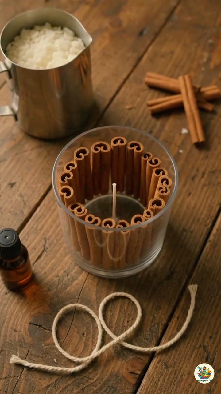 Cinnamon stick candle in a glass jar on a rustic wooden table.
