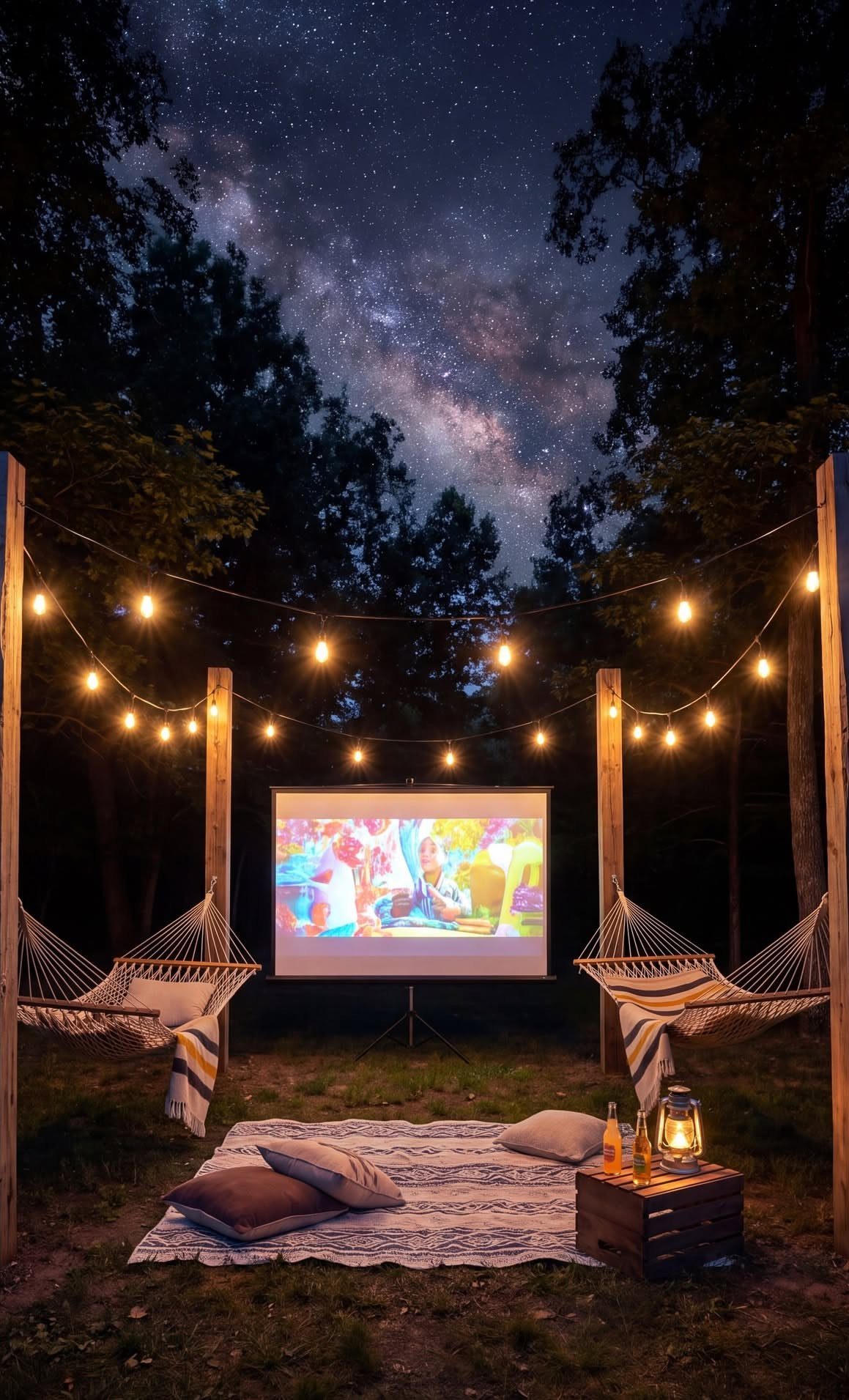 Outdoor movie projector screen with hammocks and string lights under a starry night sky
