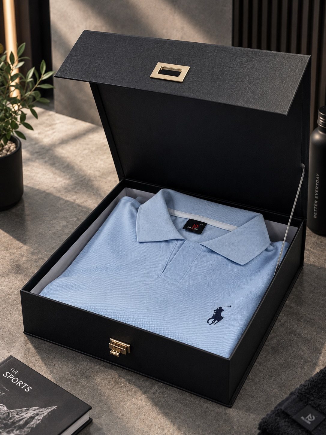Light blue polo shirt folded inside a black luxury gift box with gold hardware.