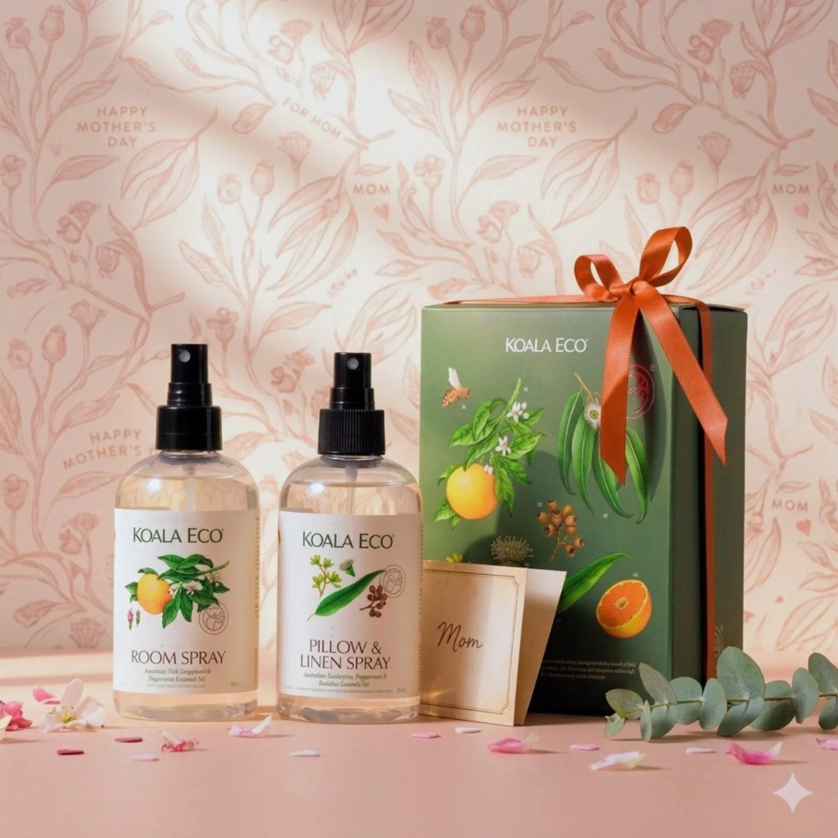 Koala Eco room and linen sprays with a green gift box and Mom card.