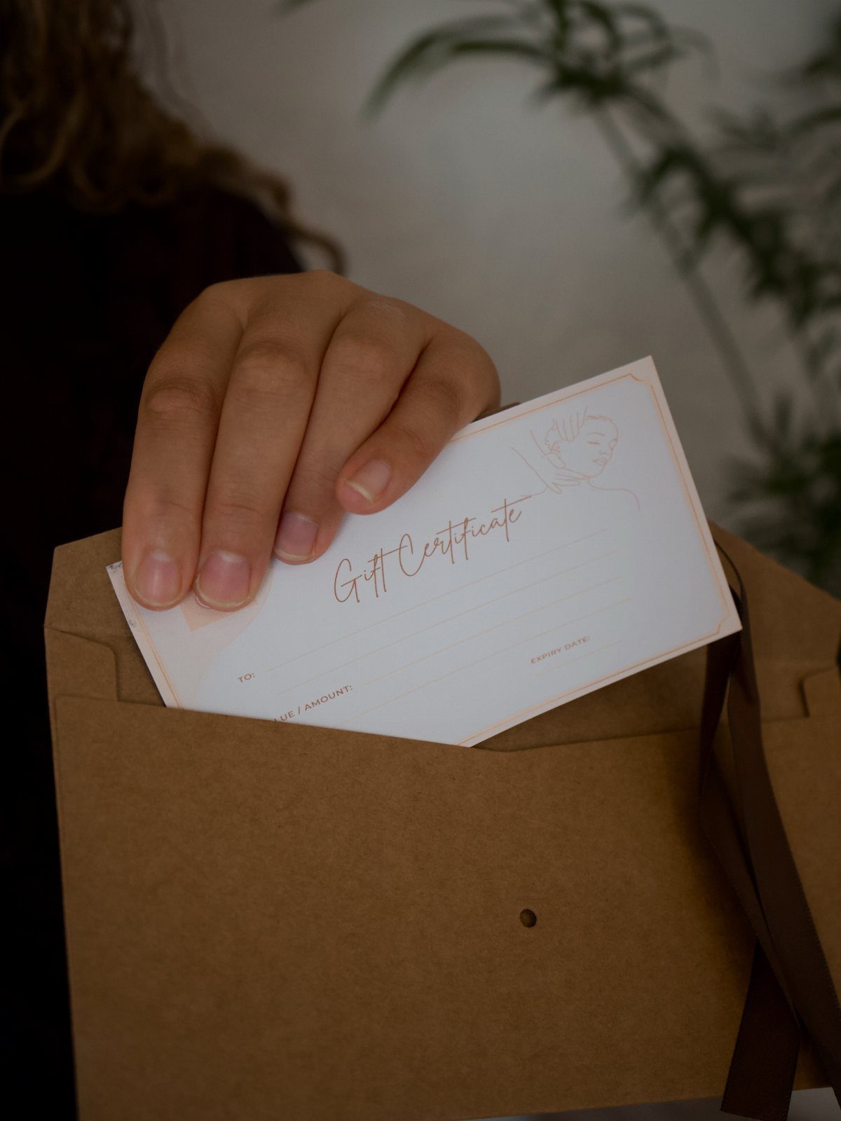Hand holding a white gift certificate inside a brown kraft paper envelope
