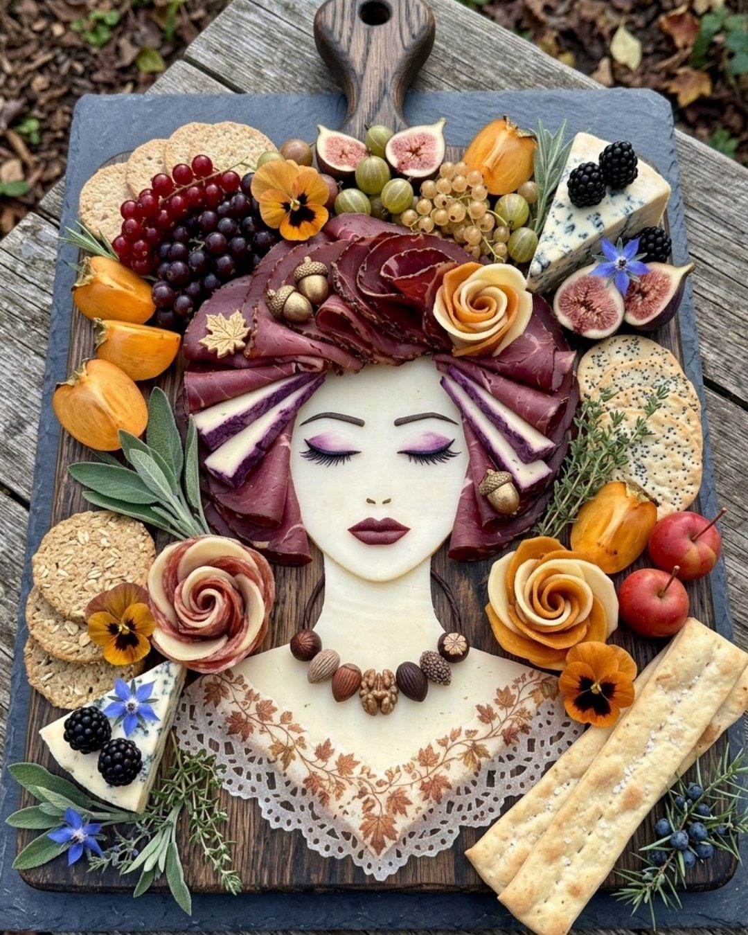 Artistic charcuterie board featuring a woman's portrait made from meats, cheeses, and fruits.
