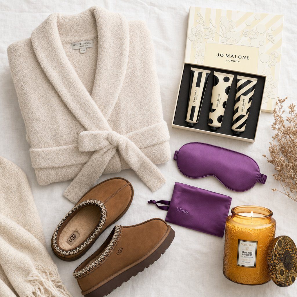 Cream plush robe, brown slippers, and luxury beauty products arranged on white fabric.