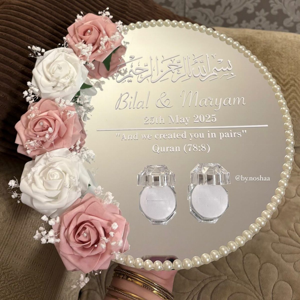 Mirrored gift tray with pink and white roses, pearls, and engraved wedding text.