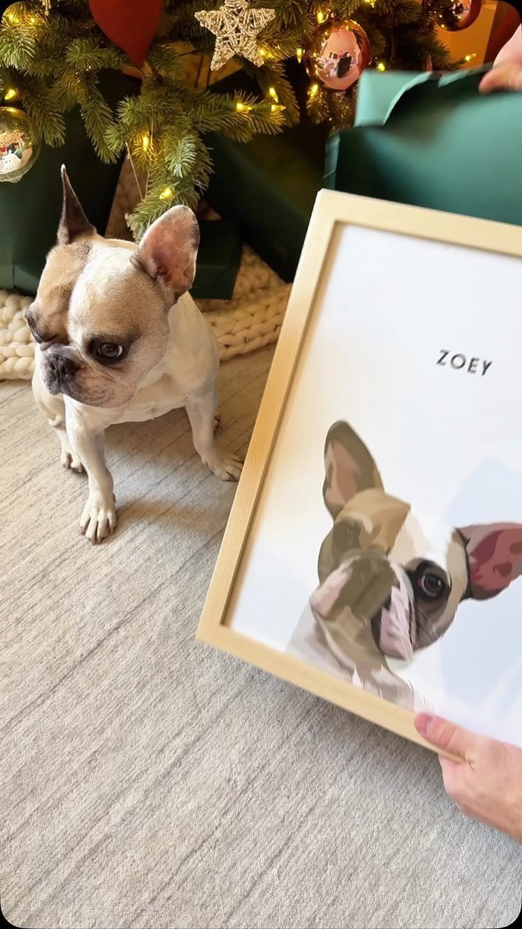 Framed custom dog portrait held next to a real French Bulldog by a tree