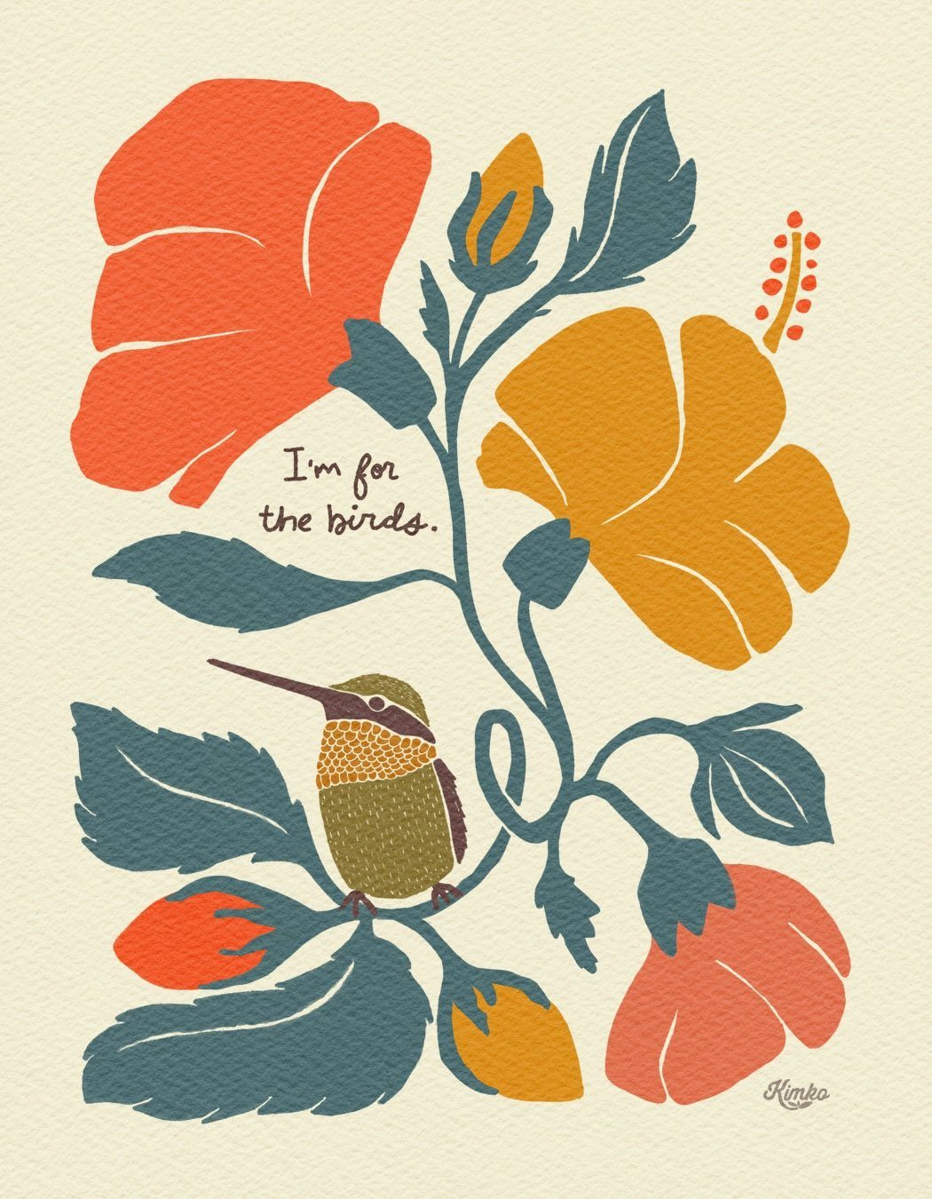 Stylized bird perched among orange and yellow flowers with the text I'm for the birds.