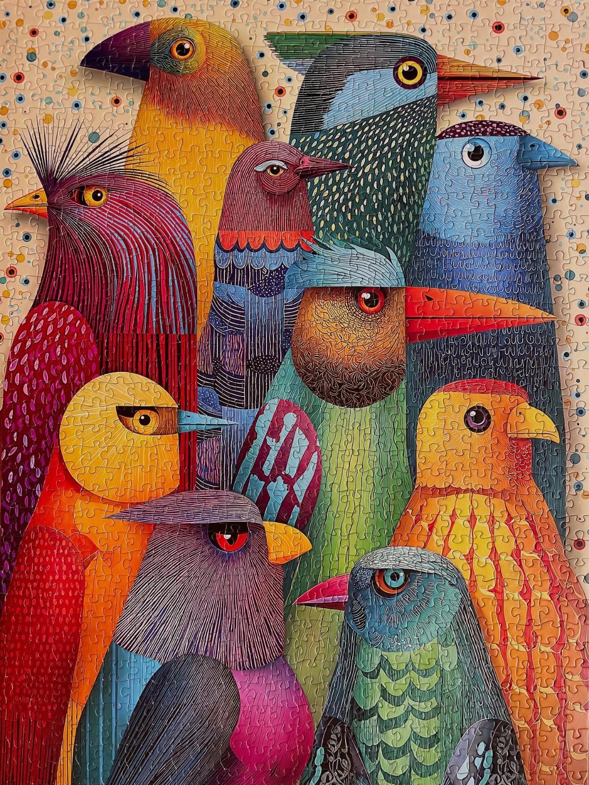 Colorful jigsaw puzzle depicting several stylized birds with intricate patterns and bright colors.