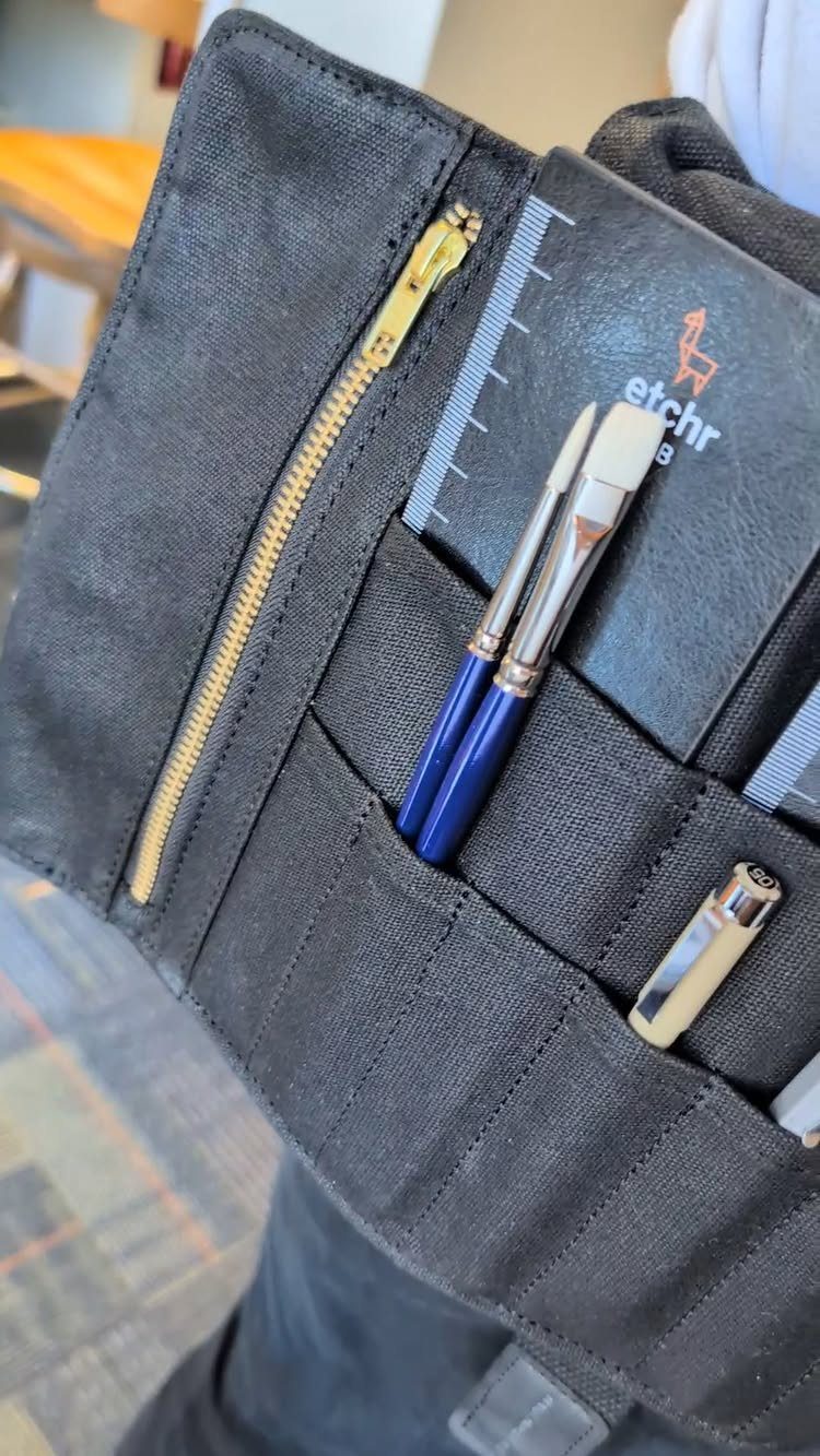 Black tool pouch containing blue precision carving tools and a branded ruler.