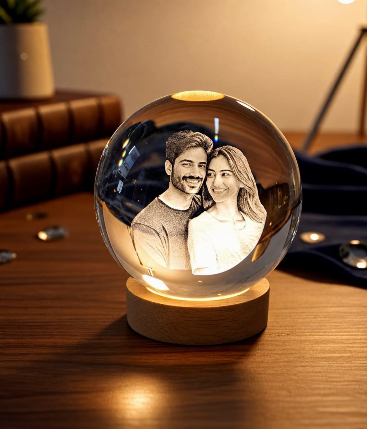Laser-etched 3D portrait of a couple inside a glowing glass sphere on wood.