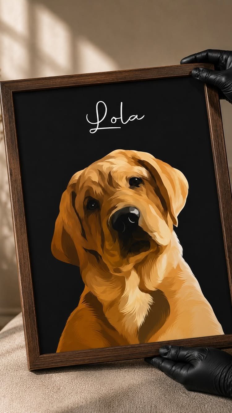 Framed digital portrait of a golden retriever named Lola on a black background.