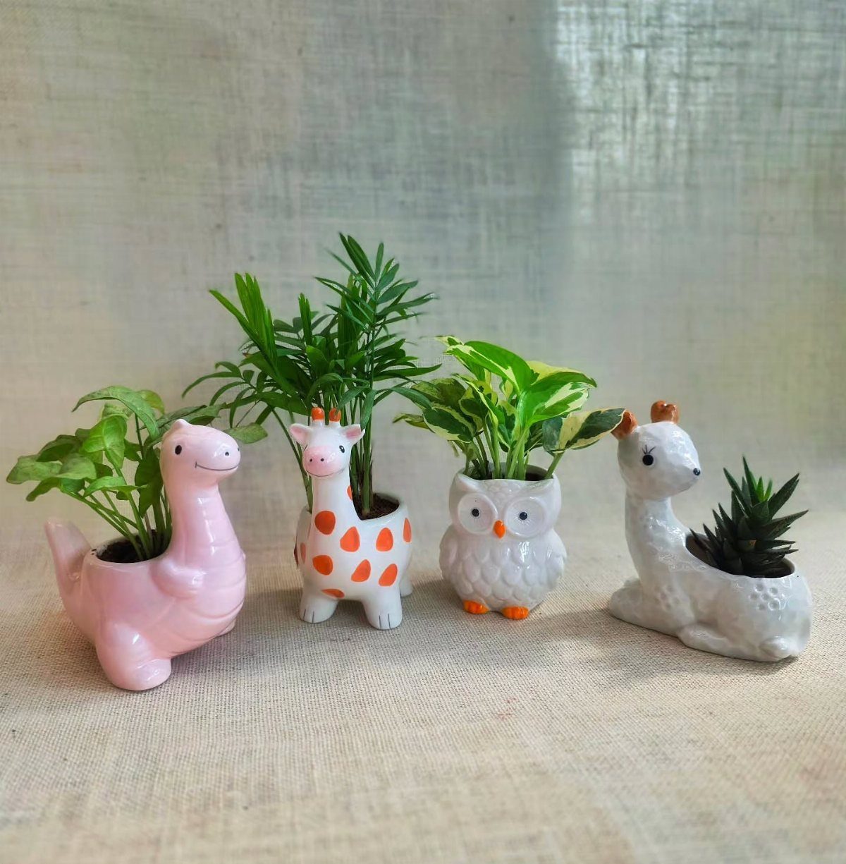 Four animal-shaped ceramic plant pots with small green plants on a fabric background.
