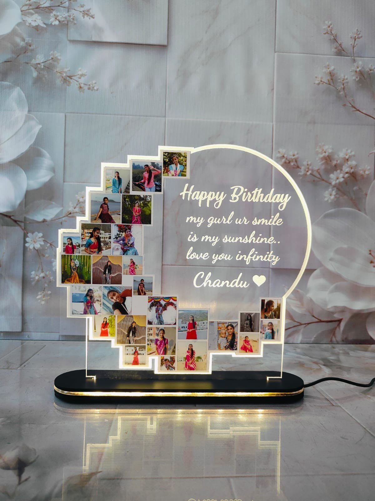 Acrylic semi-circular photo plaque with birthday message and collage on lighted base