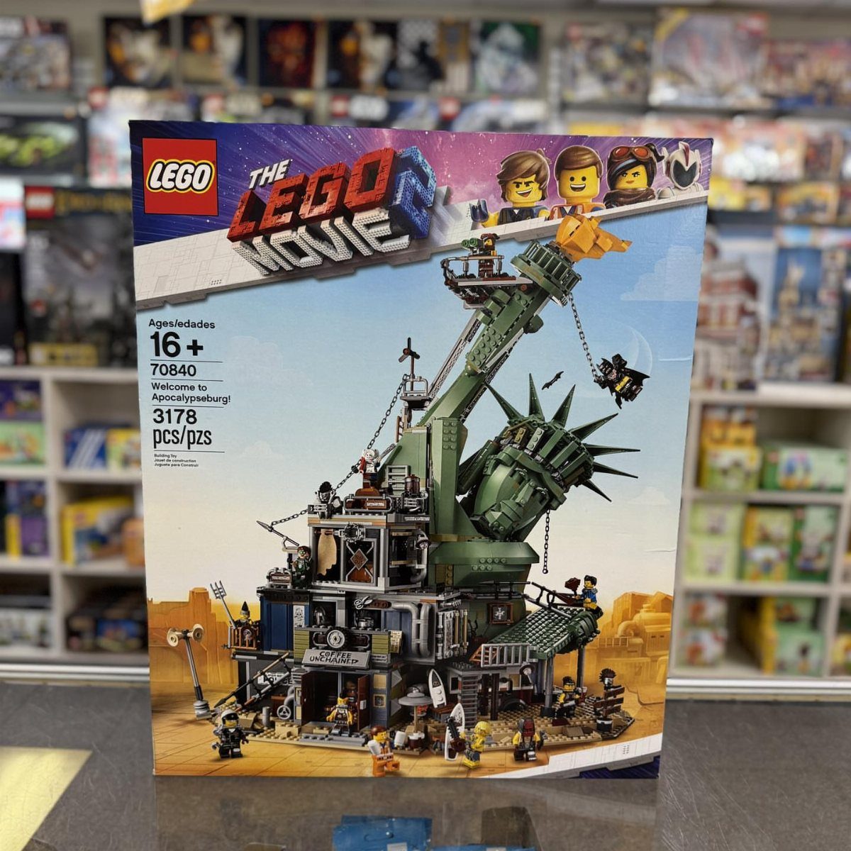 LEGO Movie 2 Apocalypseburg set box displayed on a store counter