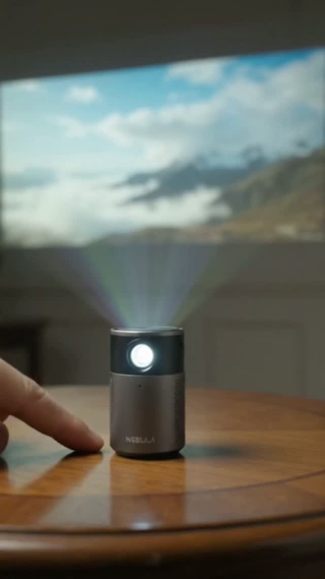 Small silver projector on a wooden table projecting a mountain landscape onto a wall