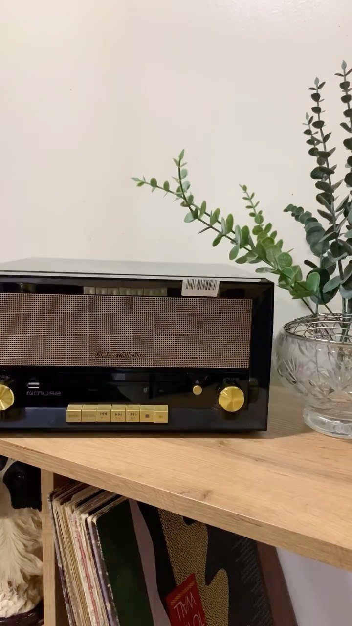 Vintage black radio with gold accents on a wooden shelf with vinyl records.