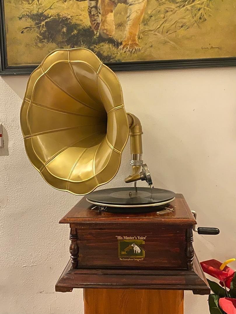 Vintage gramophone with a large gold horn and wooden base on a stand.