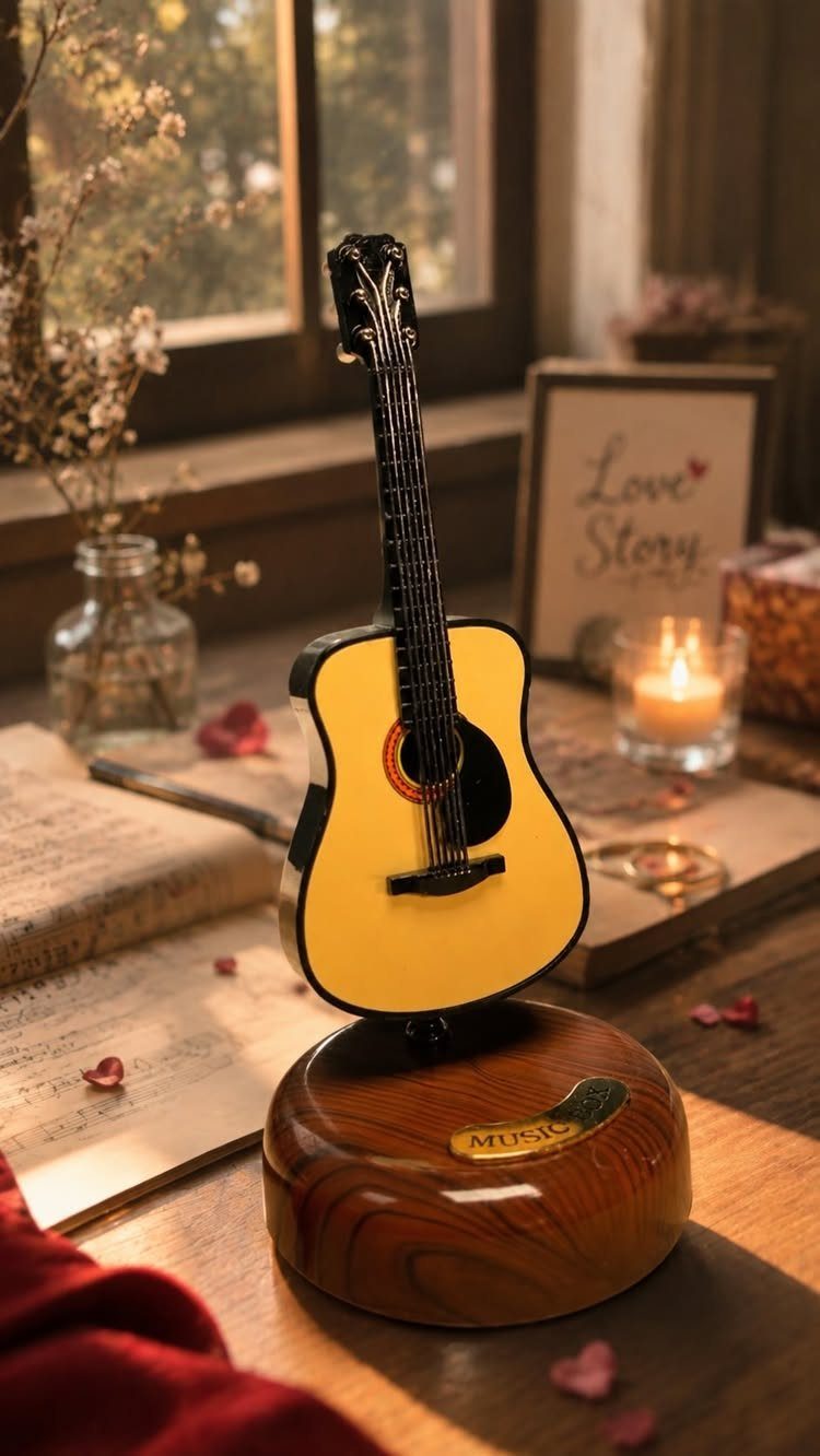 Miniature wooden acoustic guitar on a polished base next to a lit candle.