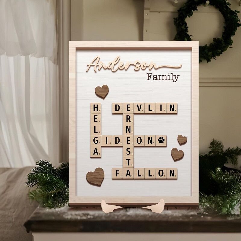 Personalized Anderson Family name sign with wooden tiles and hearts in a frame.