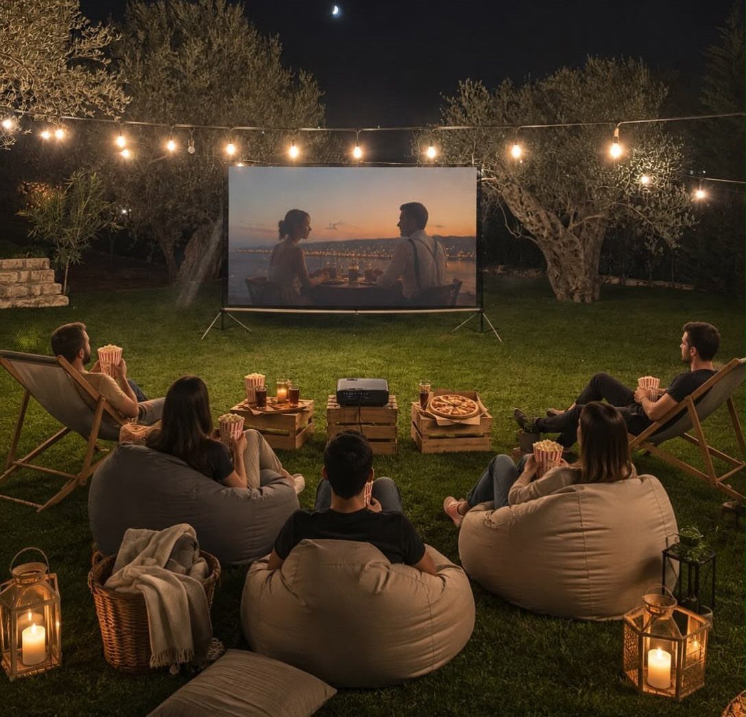 People watching a movie on a projector screen in a backyard with string lights.