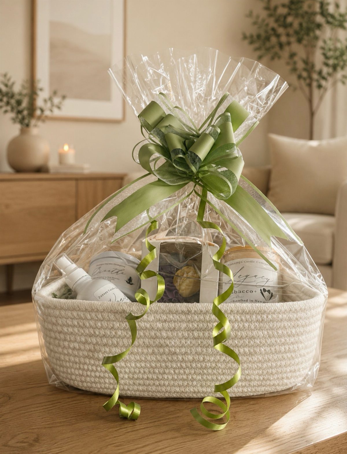 Spa gift basket with white jars and a green ribbon on wooden table