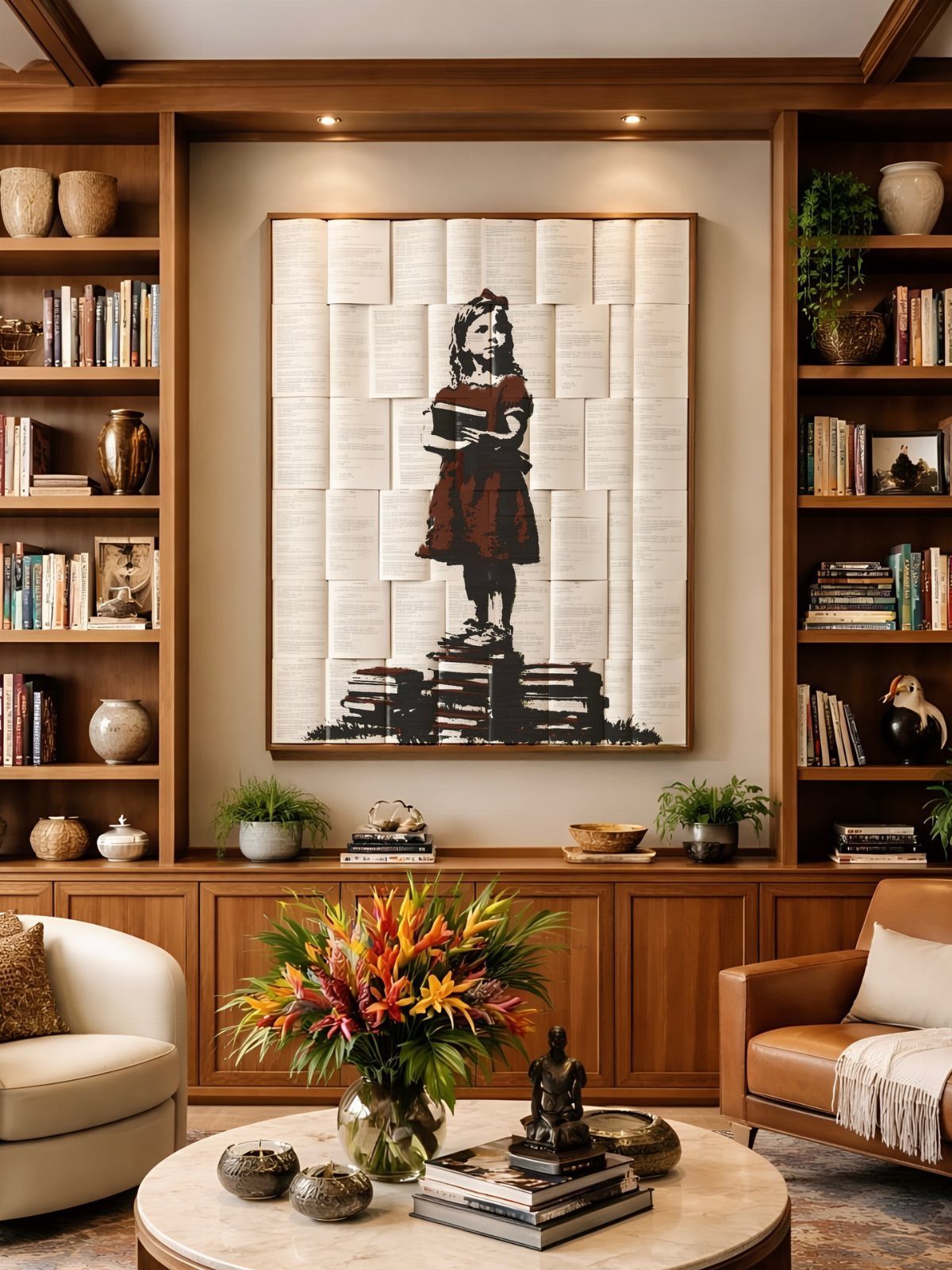 Framed art made of book pages in a room with wooden bookshelves.