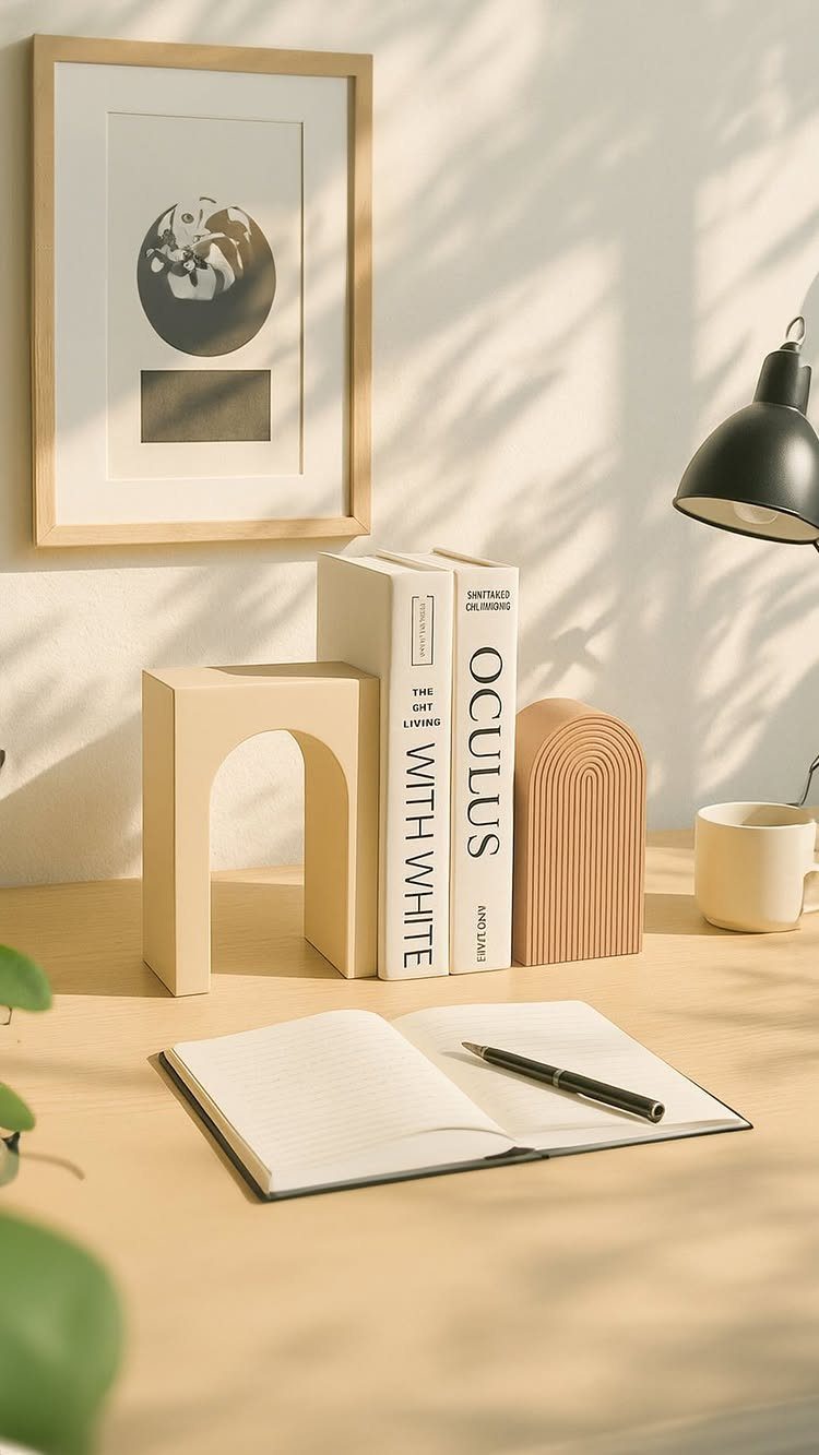 Two white books held by an arched cream bookend and a ribbed wooden bookend.