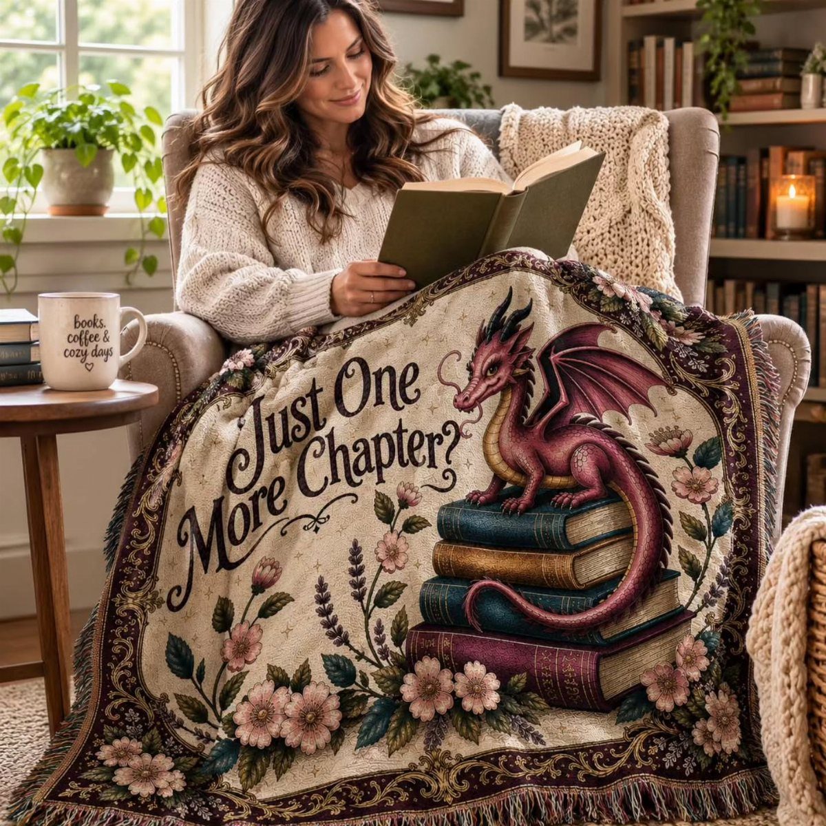 Woman reading a book with a dragon-themed cozy blanket draped over her lap.
