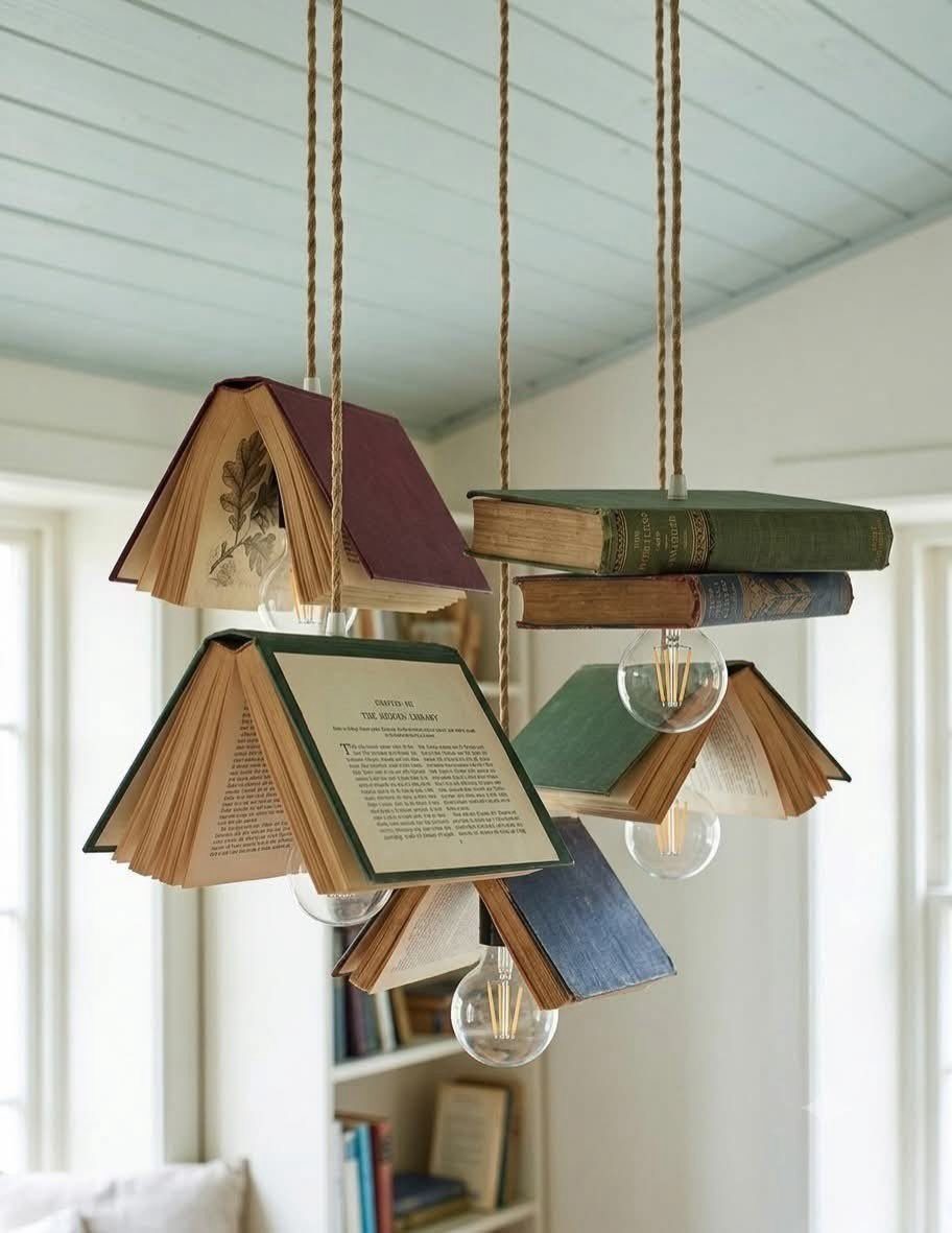 Hanging light fixture made from open hardcover books and clear light bulbs.