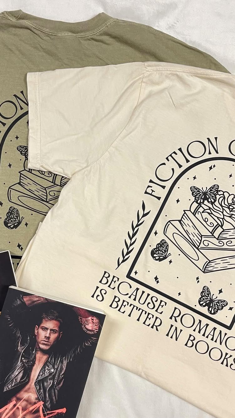Cream and olive t-shirts with book graphics and romance reading quotes.